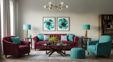 Eclectic Living Room with Burgundy Sofa, Teal Accents, and Floral Art