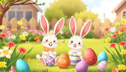 Obraz premium Two Adorable Easter Bunnies Enjoying Springtime in a Colorful Garden with Easter Eggs