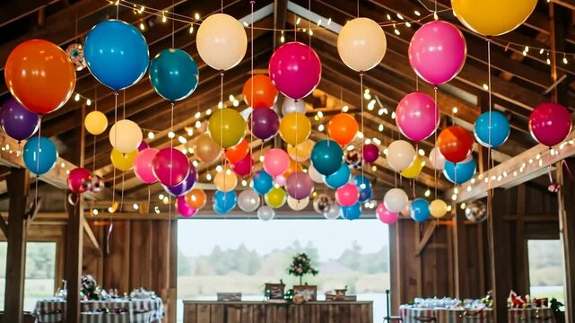 Colorful balloons adorn rustic barn venue for lively celebration and festive gathering