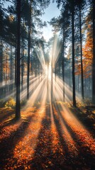 Fototapeta premium Sunbeams through tall trees, autumn leaves on forest floor, golden light