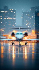 Jet on runway, rainy night, city lights reflecting