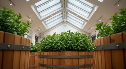 Growing Plants in Wooden Planters Under Bright Skylight Brings Freshness