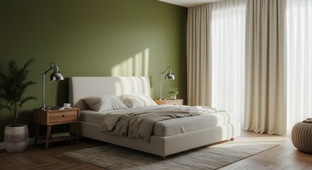Serene Bedroom Interior with Olive Green Wall and Soft Natural Light