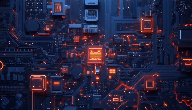 Complex circuit board with glowing components