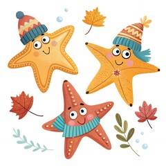 Fototapeta premium Cute Starfish Autumn Friends Fall Leaves Hats Scarves