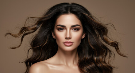 Fototapeta premium Stunning Brunette: Long Wavy Hair, Perfect Makeup, Glowing Skin. Beauty Portrait.