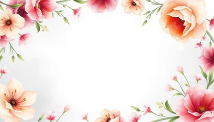 Fototapeta premium Delicate Watercolor Floral Border Frame Elegant Pink Peach Blossoms Wedding Invitation Design