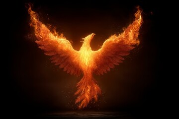 Majestic phoenix rising from darkness, enveloped in vibrant orange flames with wings spread, glowing intensely in the darkness.