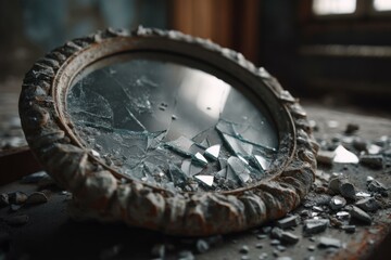 Obraz premium Broken Round Mirror with Ornate Frame and Shattered Glass on Dirty Surface in Abandoned Building, Displaying Decay