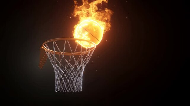 Basketball covered fire dunking into the hoop on dark background.