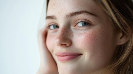 Fototapeta premium Serene Close-up Portrait of Young Woman Tucking Hair Behind Ear on White Background