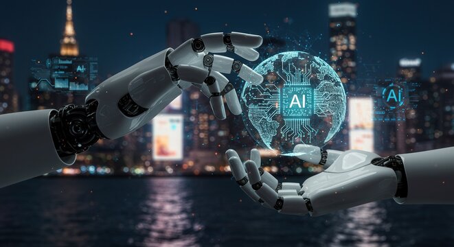 Robotic Hands Holding Glowing AI Globe Over Cityscape at Night