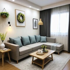 Fototapeta premium A minimalist living room with a gray linen sofa, solid wood table, and neutral woven rug.