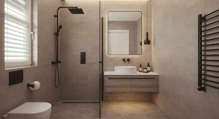 Modern bathroom with black fixtures, illuminated mirror, and hexagonal floor tiles