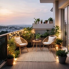Fototapeta premium Minimalist balcony with rattan chairs and a small table made of solid wood