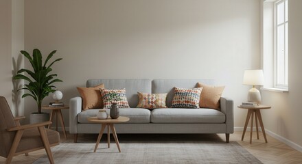 Modern Minimalist Living Room with Gray Sofa, Wooden Accents, and Patterned Cushions