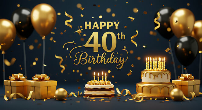 Elegant 40th birthday celebration with golden decorations and birthday cakes