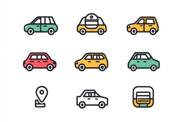 Fototapeta premium Colorful car icons; transportation app; location pin; white background; website design