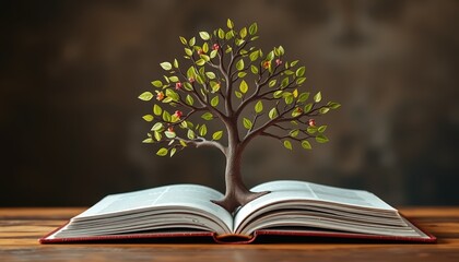 A blossoming tree growing from an open book represents knowledge growth and education