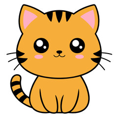 Cute cartoon ginger kitten with big eyes sitting happily with pink cheeks and black stripes for children illustration concept.