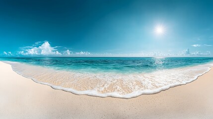 Fototapeta premium Panoramic view of a pristine beach, clear turquoise water, blue sky, and bright sun