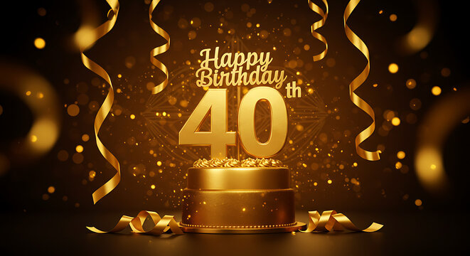 Golden 40th Birthday Celebration Cake with Ribbons and Bokeh Lights