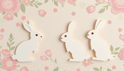 Obraz premium Three Adorable White Rabbits Sitting Amidst Delicate Pink Flowers Perfect for Spring or Easter Designs