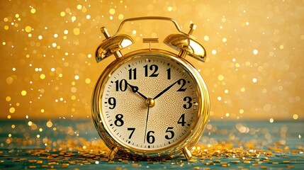 Golden Alarm Clock on Glittering Background: New Year's Eve Countdown