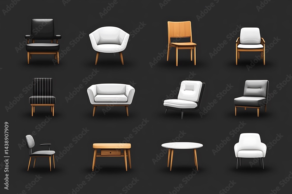 Fototapete Collection of various modern chairs and tables in minimalist style on a dark background