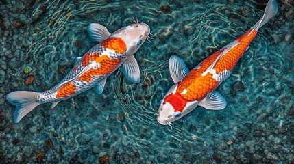 Two vibrant koi fish in a tranquil water garden