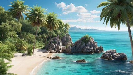 High-angle, full shot of a tropical beach.