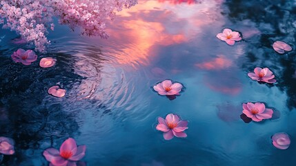 Pink blossoms reflect on water at sunset