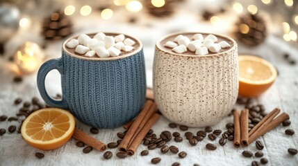 Cozy Winter Hot Chocolate in Knitted Mugs with Christmas Lights