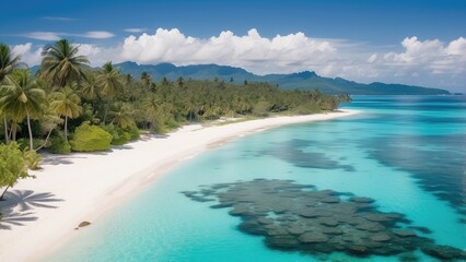 High-angle, full shot of a tropical beach.