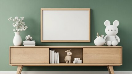 Nursery room mockup, frame, wooden cabinet, decor