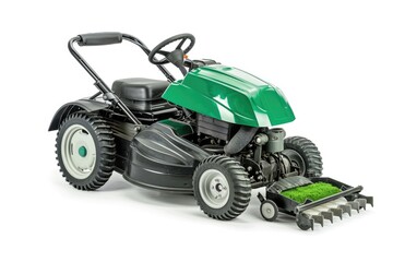 A green lawn mower designed for efficient grass cutting and landscaping. isolated on white background