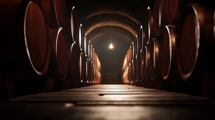 A dimly lit wine cellar featuring rows of wooden barrels lining the walls leading to a distant light