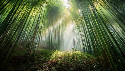 Fototapeta premium bamboo forest with sunbeams filtering through mist, peaceful 