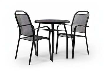 A round table with two matching chairs, ideal for outdoor dining or leisure. isolated on white background