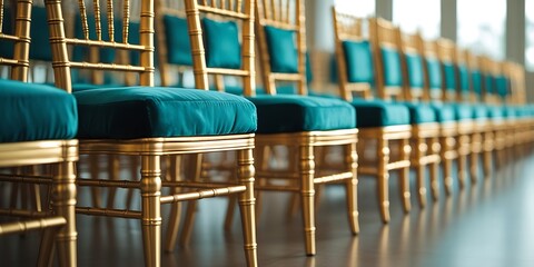 Close-up view of stylish and uniform golden chairs with blue-green seat pads, emphasizing event preparation, sophistication, and seating arrangement

