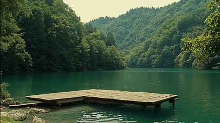 Naklejka premium Tranquil lake nestled in lush green mountains. Wooden dock extends into clear water