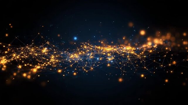 A glowing network of interconnected nodes and lines represents digital connections or data flow against a dark background.