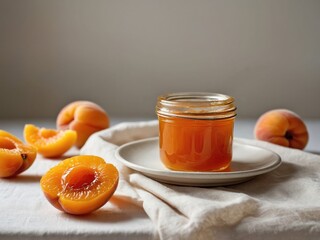 A small, clear glass jar of golden-orange apricot jam