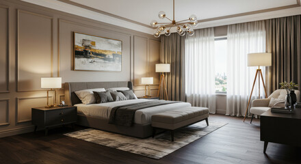 Luxurious Bedroom Design: Elegant Lighting, Neutral Palette, and Stylish Decor for a Modern Retreat