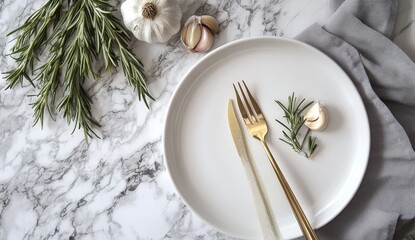 Elegant table setting with herbs and garlic