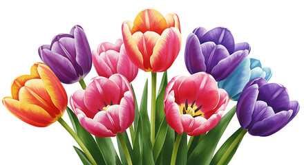 Fototapeta premium Vibrant tulip bouquet illustration with various colors against white backdrop