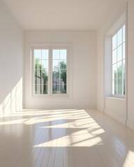 Fototapeta premium Empty white room with sunlight casting shadows on the floor, perfect minimalistic background for real estate, interior design, and modern home decoration projects
