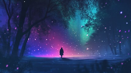 Obraz premium Silhouette figure walks through a magical, winter forest at night.