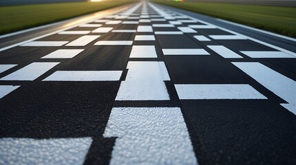 Fototapeta premium Close-up of a black and white checkered finish line on an asphalt racetrack, symbolizing competition, sports, and the goal of racing success 