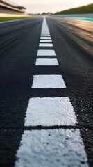 Close-up of a black and white checkered finish line on an asphalt racetrack, symbolizing competition, sports, and the goal of racing success

